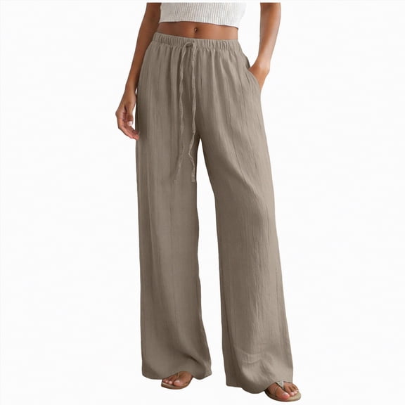 NIEWTR Linen Wide Leg Pants Woman High Waisted Pull On Button Drawstring Baggy Casual Summer Palazzo Pants with Pockets(Khaki,S)