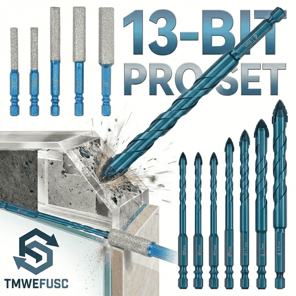 13PCS Diamond Drill Bit Set 5 Size Serrated Masonry Drill Bit and 4 Size Diamond Drill Bit Set with 1/4" Hex Shank for Glass Ceramic Porcelain Marble Granite