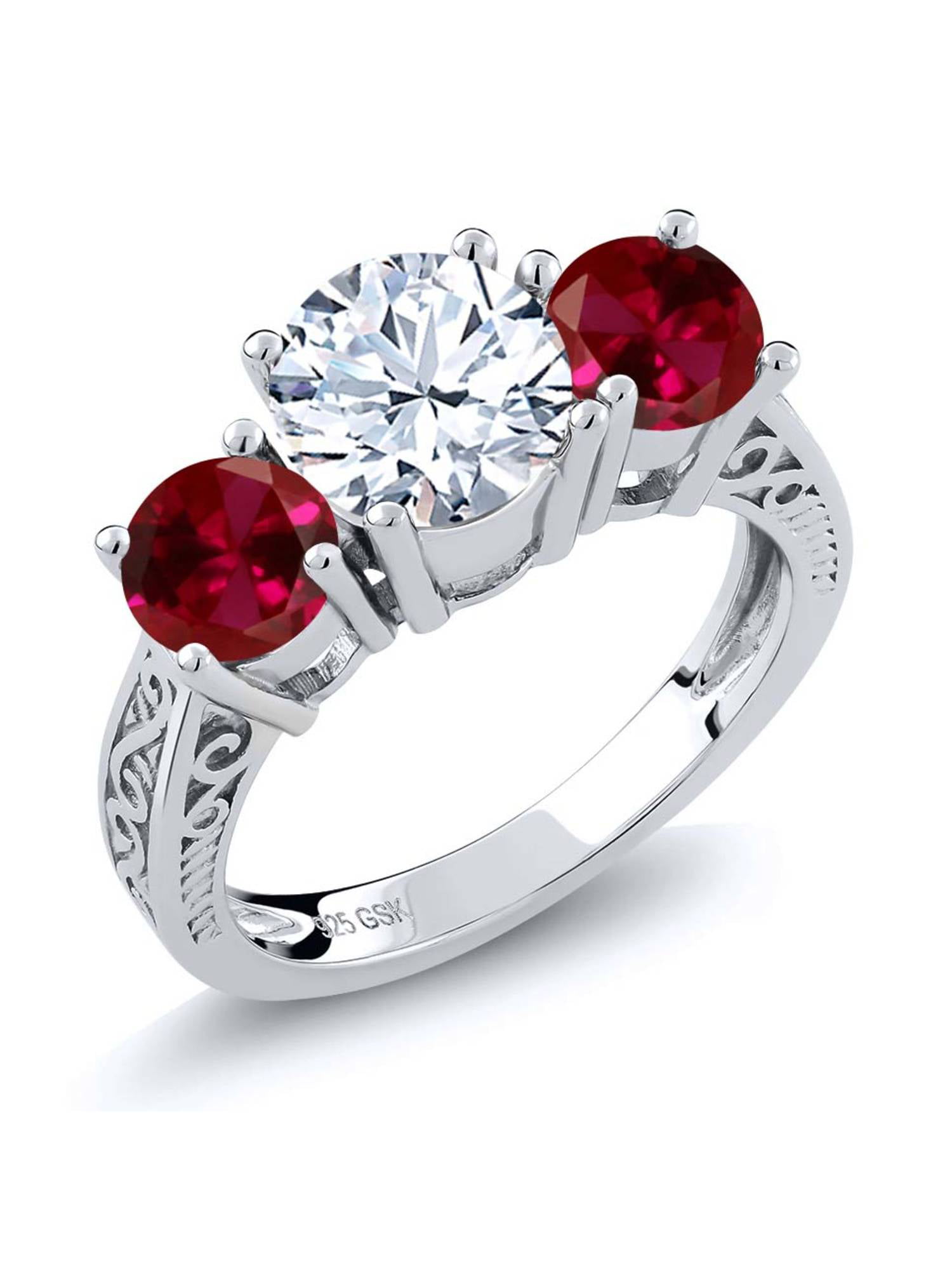 Gem Stone King 1.20 Ct Round White Topaz Red Ruby 925 Yellow Gold Plated Silver 3-Stone Ring