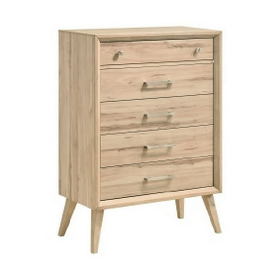 Benjara Kali 49 Inch Tall Dresser Chest, 5 Drawers, Nickel Handles, Oak Brown Wood