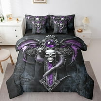 Erosebridal Halloween Dragon Skull Bedding Sets Twin Size, Hippie Grey Purple Sword Comforter Sets with Sheets, Breathable 7-Piece