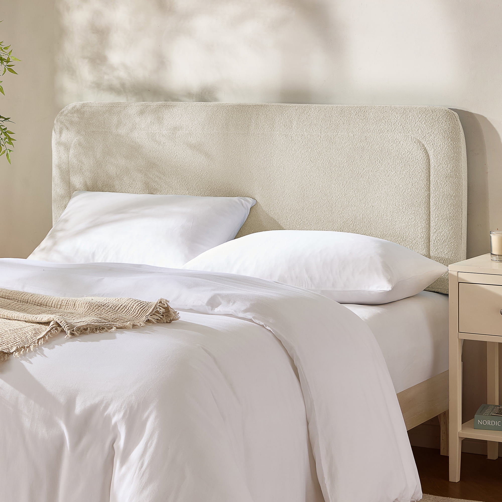 Virtu King Headboard No Tools Required Peel and Stick Upholstered Boucle Bed Headboard Only, Linen