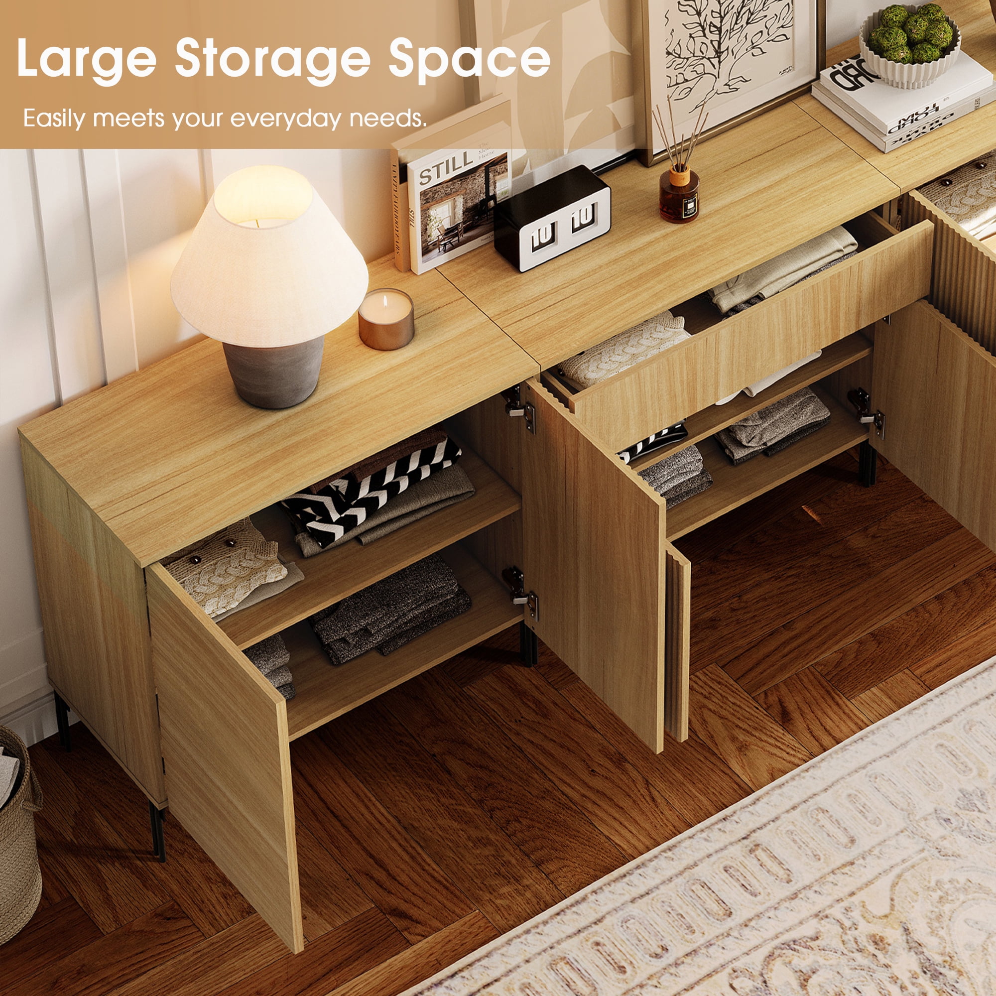 126" Modern Reeded Drawer Dresser Set with Doors for Bedroom, Minimalist Chest of Drawers with Storage, Wooden Dresser for Living Room, Bedroom, Entryway