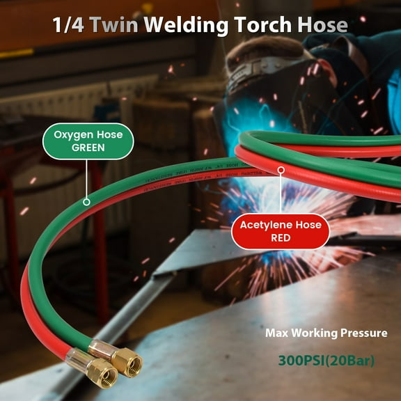 iMeshbean 100FT Oxygen Acetylene Hose,300PSI 1/4 Twin Welding Torch Hose with 9/16"-18 B fittings Oxy Acetylene Oxygen Cutting Industrial