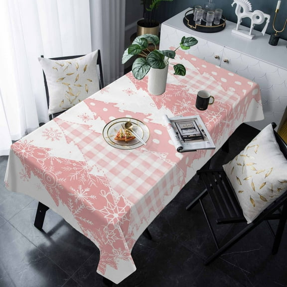 Pink Christmas Tablecloth Rectangle Table Cloth 60x120 , Waterproof Tablecloth Outdoor Table Cloth, Pink Plaid Xmas Tree Snowflake Winter Washable Table Cover for Kitchen Dining Party