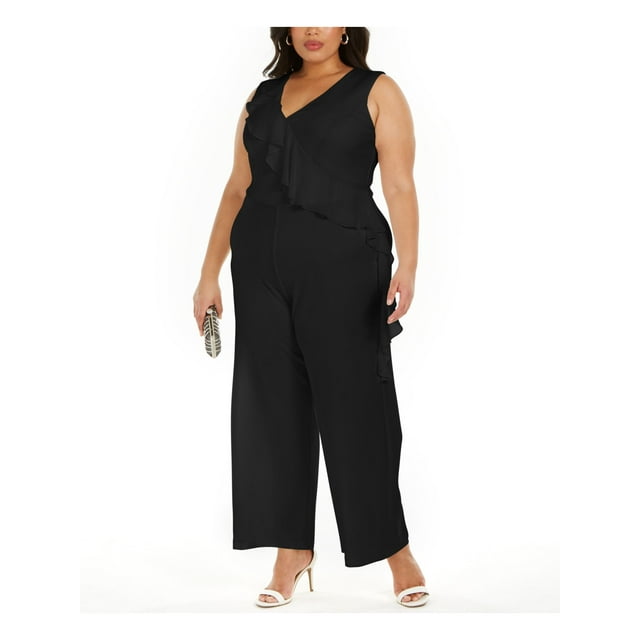 Connected Womens Ruffled Wide Leg Jumpsuit, Black, Plus Size, 22W