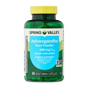 Spring Valley Ashwagandha Root Powder General Wellness Dietary Supplement Vegetarian Capsules, 500 mg, 60 Count