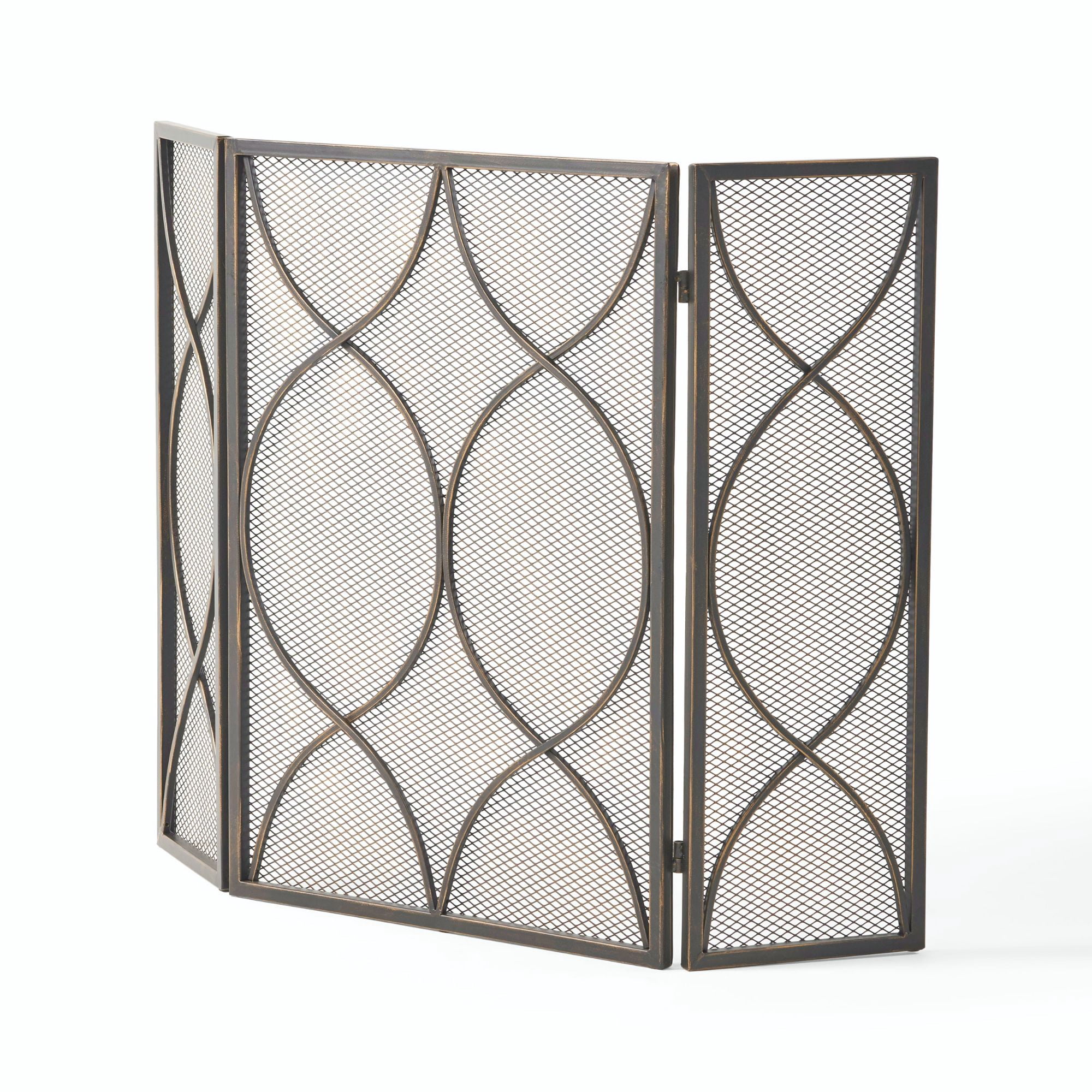 41" Black Contemporary Curved Geometric Accent Three Panel Fireplace Screen