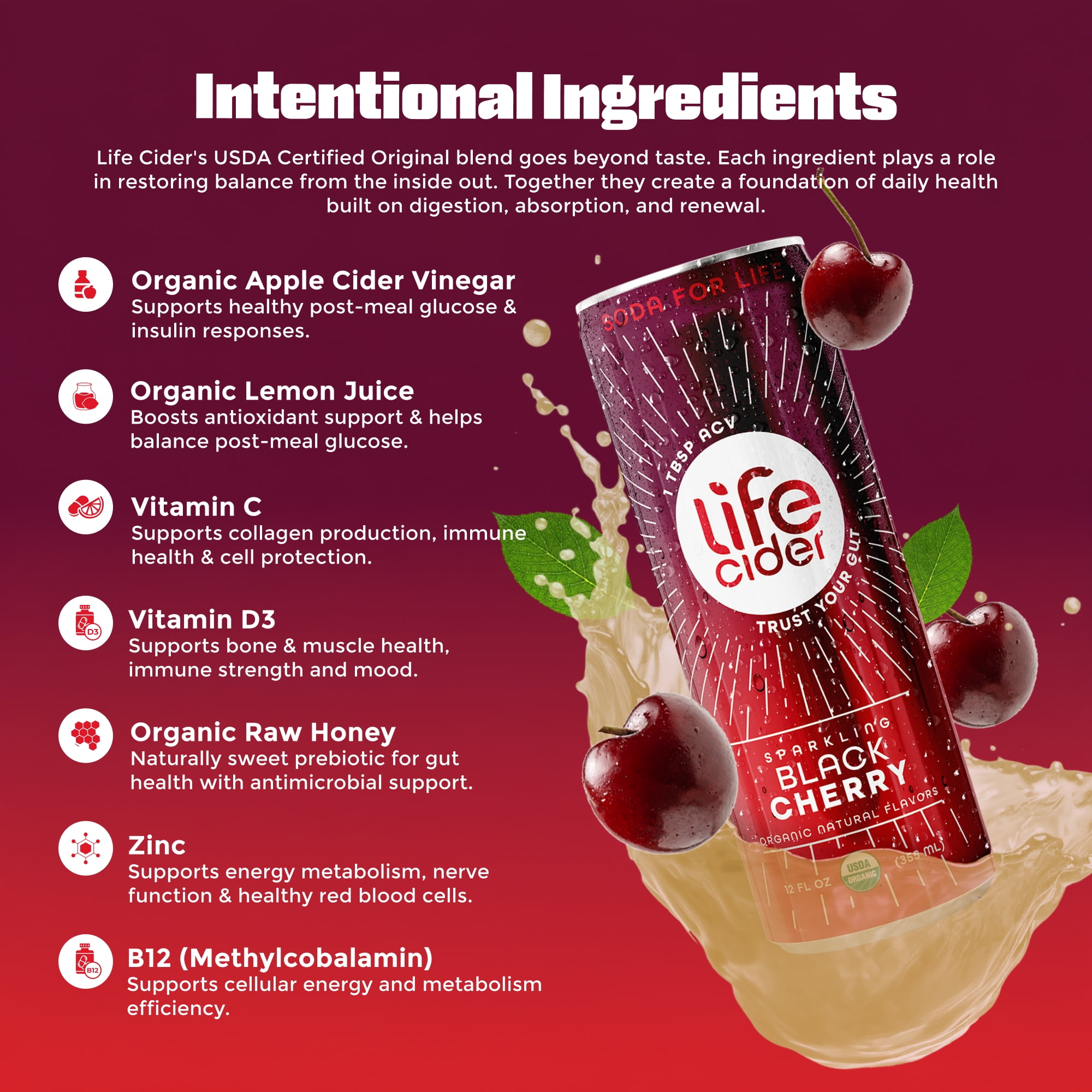 Life Cider Sparkling Apple Cider Vinegar Drink, Black Cherry, Gut Balance, 12 Pack, 12 fl oz Aluminum Can