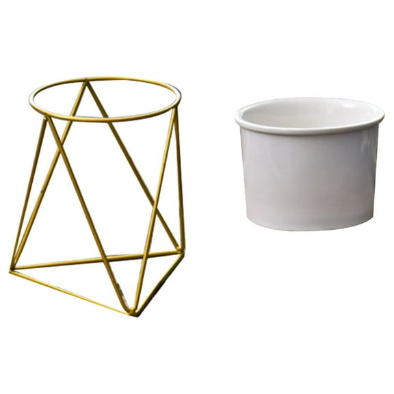 WHAMVOX Set of Ceram Succulent Planter Pot Flowerpot Planter and Geomatric Iron Metal Stand (White   Black)