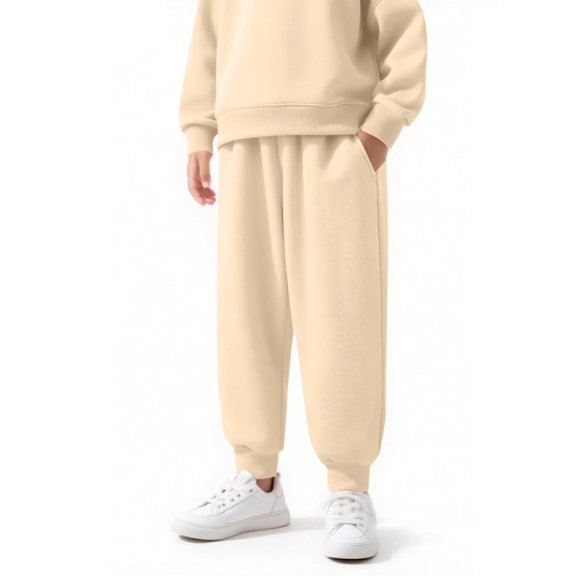 LNWUY Boys and Girls Solid Color Padded Elastic Waist Sweatpants Drawstring Pants with Pockets Warm Sweatpants Long Pants Beige 150