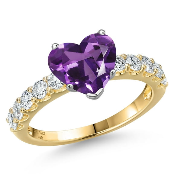 Gem Stone King 14K Two Tone Gold Purple Amethyst and Lab Grown Diamond Engagement Ring for Women | 2.25 Cttw | Heart Shape 8MM | Gemstone February Birthstone | Size 9