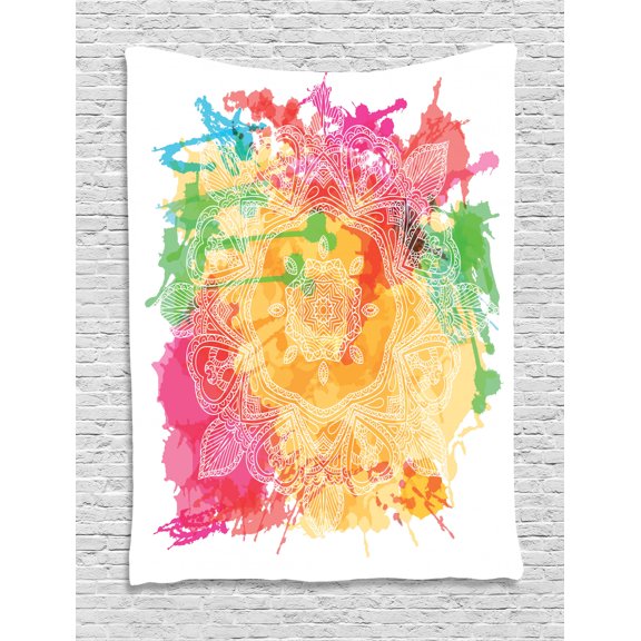 Rainbow Mandala Tapestry, Outline Style Mandala Motif with Hearts Paisleys on Color Splash Background, Wall Hanging for Bedroom Living Room Dorm Decor, 40W X 60L Inches, Multicolor, by Ambesonne