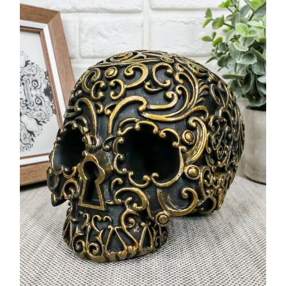 Ebros Royal Persian Black and Gold Keyhole Skull Statue 6" Long Skeleton Decor