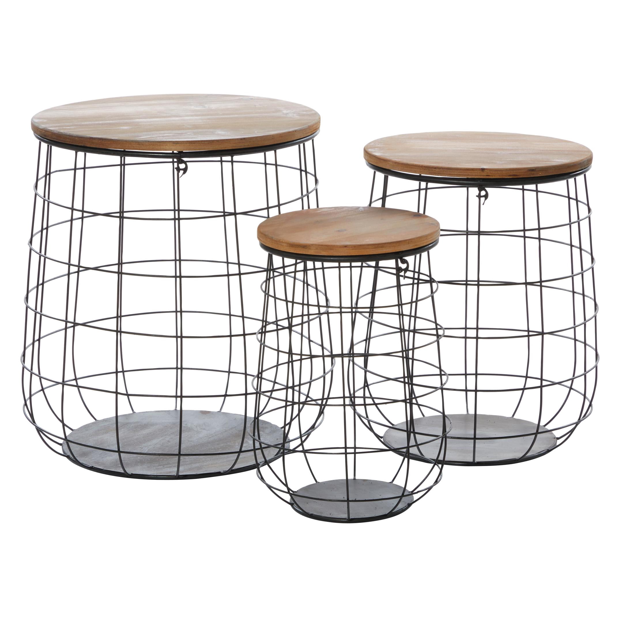 DecMode 18", 20", 23"H Black Metal Caged Storage Basket with Wooden Lift Top Lids, 3-Pieces
