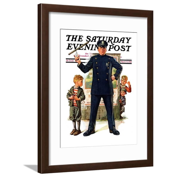 Policeman and Boy with Slingshot, Saturday Evening Post Cover, March 15, 1930 Framed Print Wall Art by Frederic Stanley Sold by Art.Com