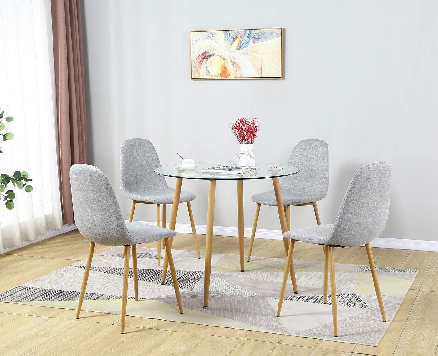 Round Table 4 Pcs Fabric Grey Chairs, Round Metal Kitchen Table And Chairs