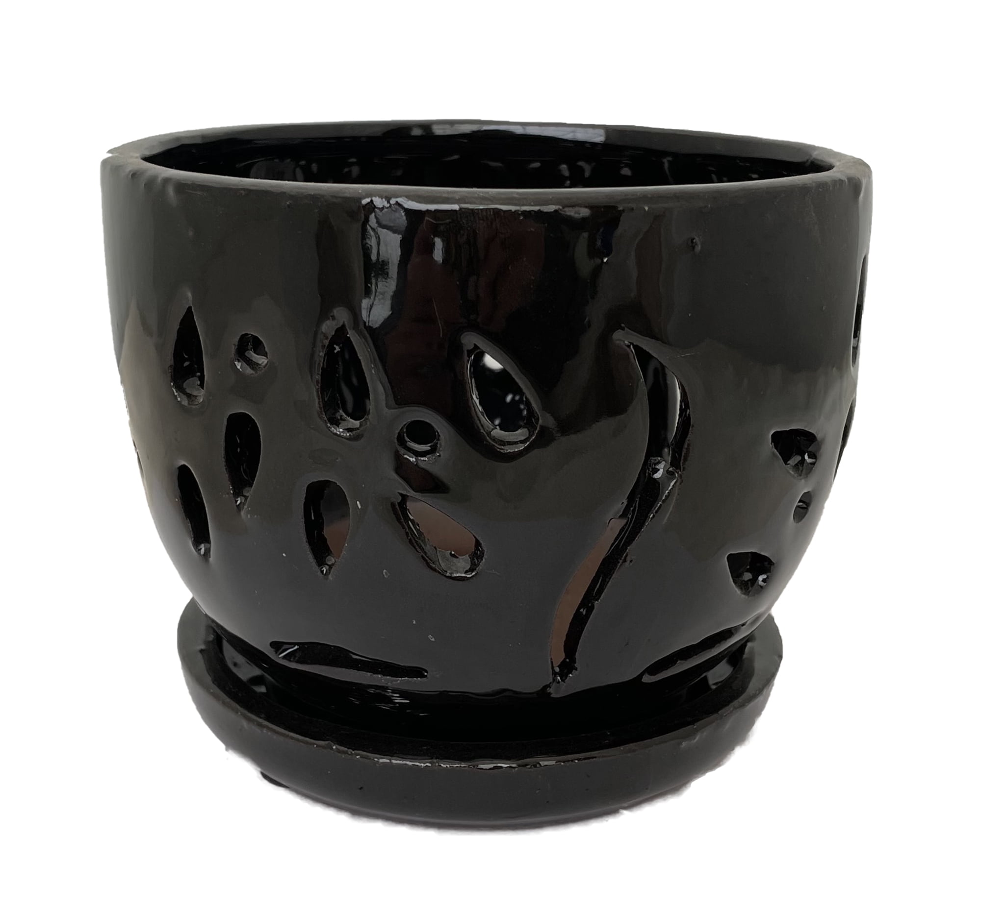 Ceramic Orchid Pot/Saucer 5 3/4" x 4 3/8" Black