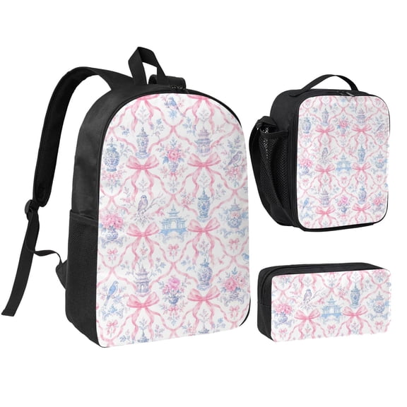 Pink Bow Chinoiserie Floral Backpack Set 3pc Including Backpack, Lunch Bag and Pen Bag Combination