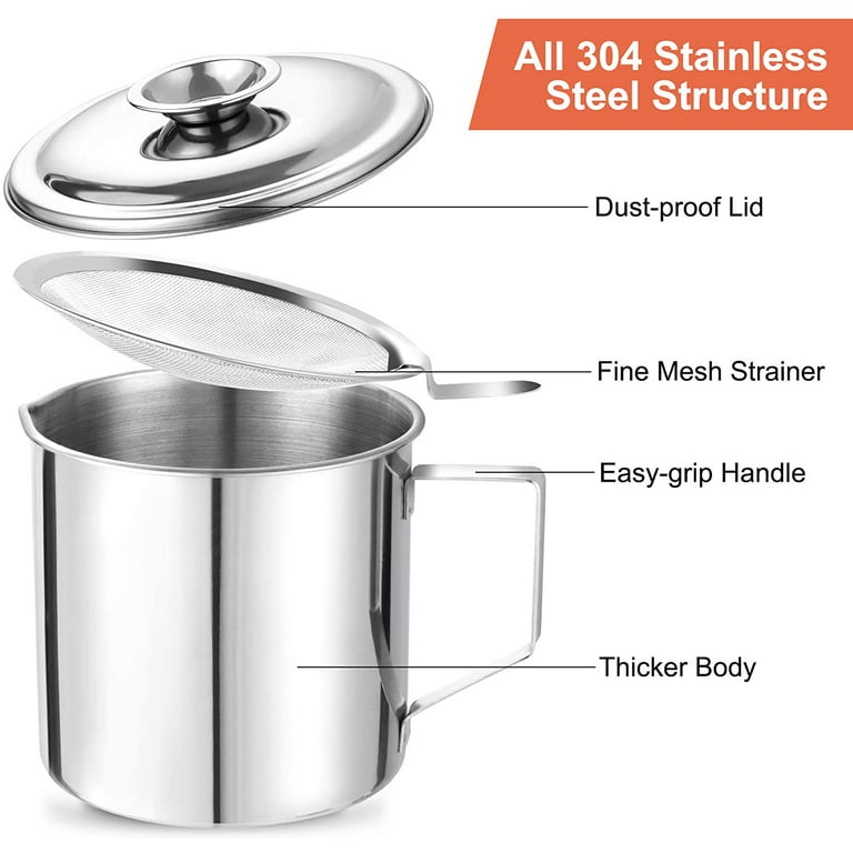 Bacon Grease Container with Strainer 48 Oz Stainless Steel Oil
