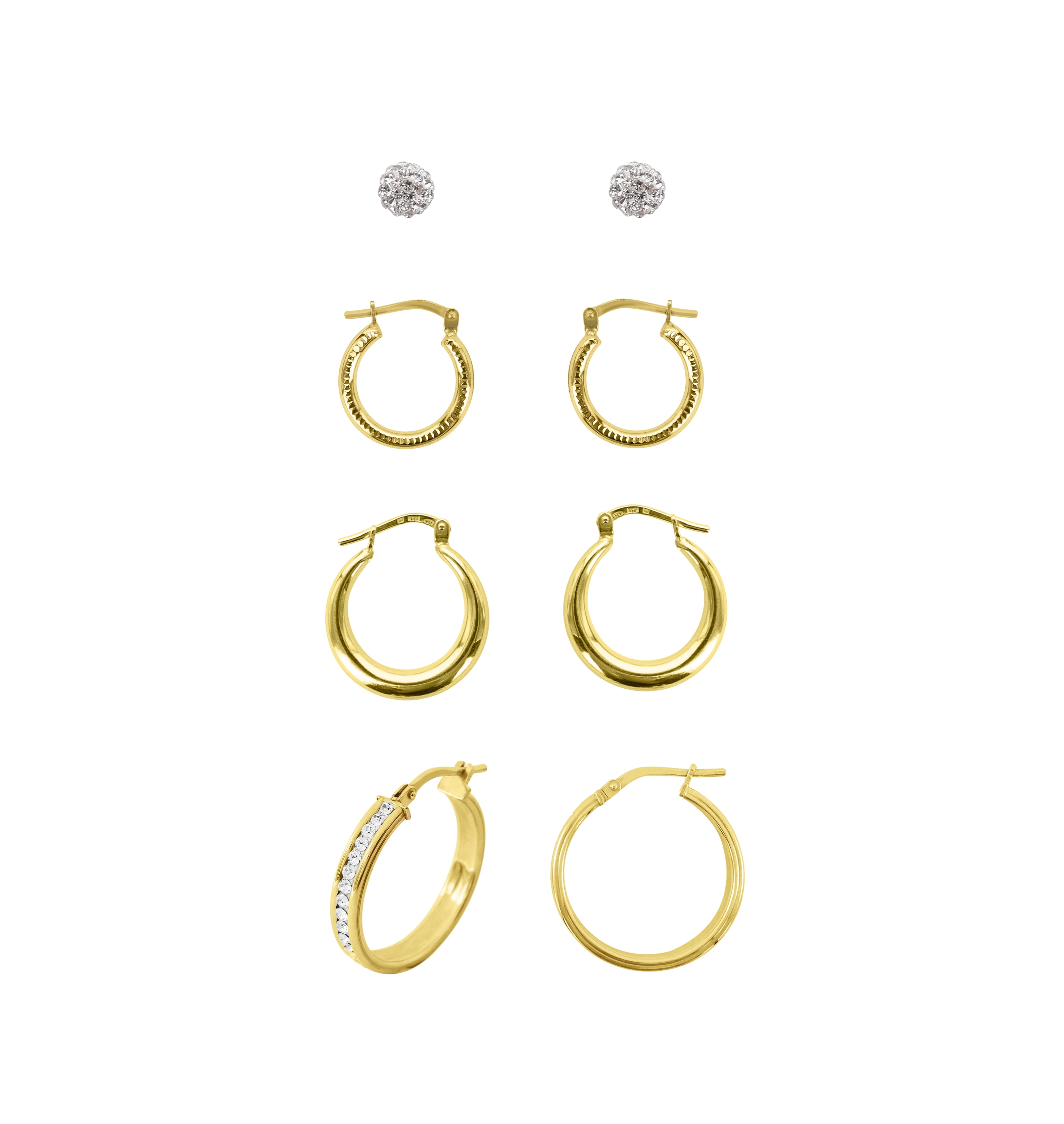 Brilliance Fine Jewelry Sterling Silver 14K Gold Plated Crystal Studs and Hoops Adults Earring Set; Adults 4 Pairs