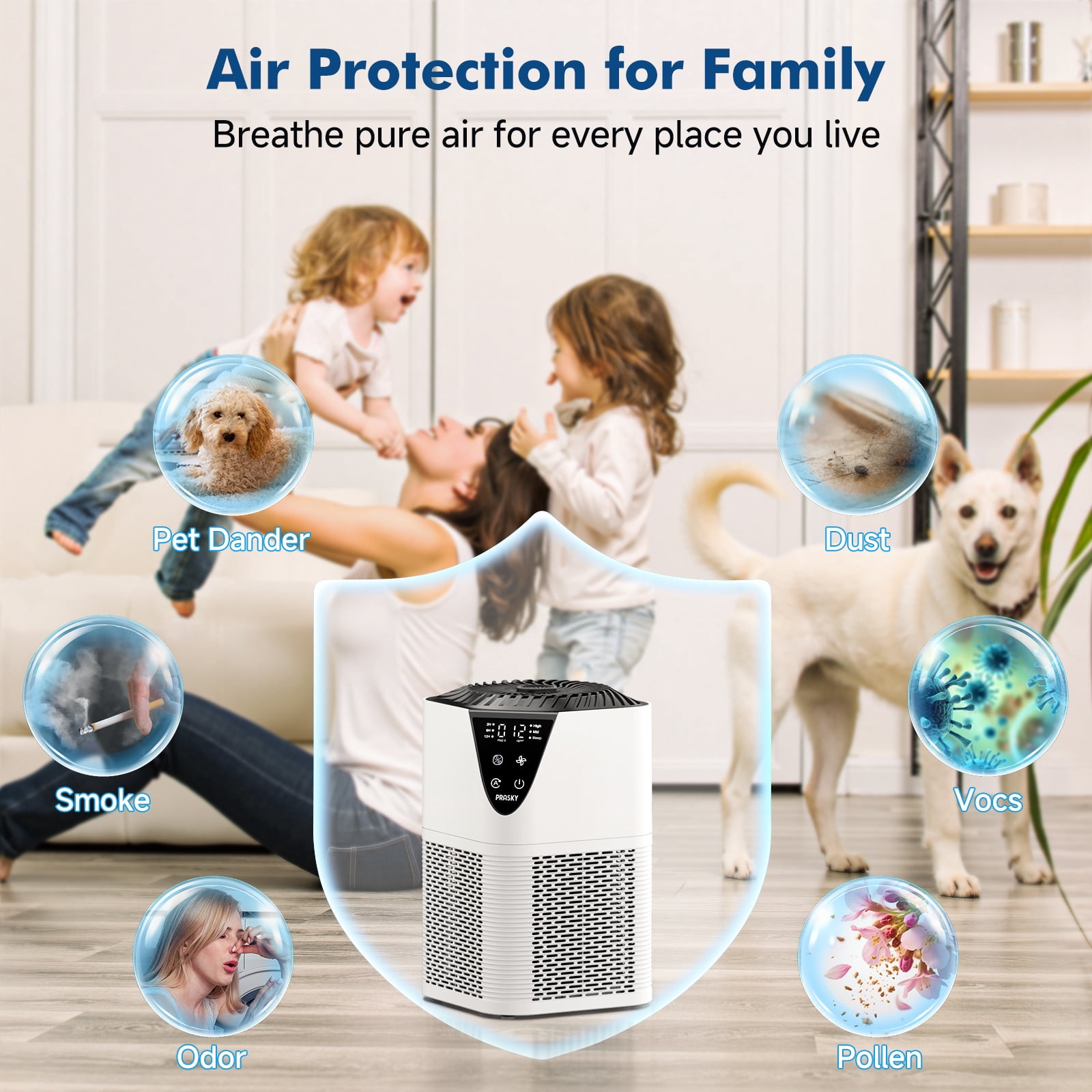 PRASKY Air Purifier for Home 1076 Sq Ft Coverage, True HEPA Filter for Pets, Smoke & Allergies | Quiet for Bedroom/Living Room (White)
