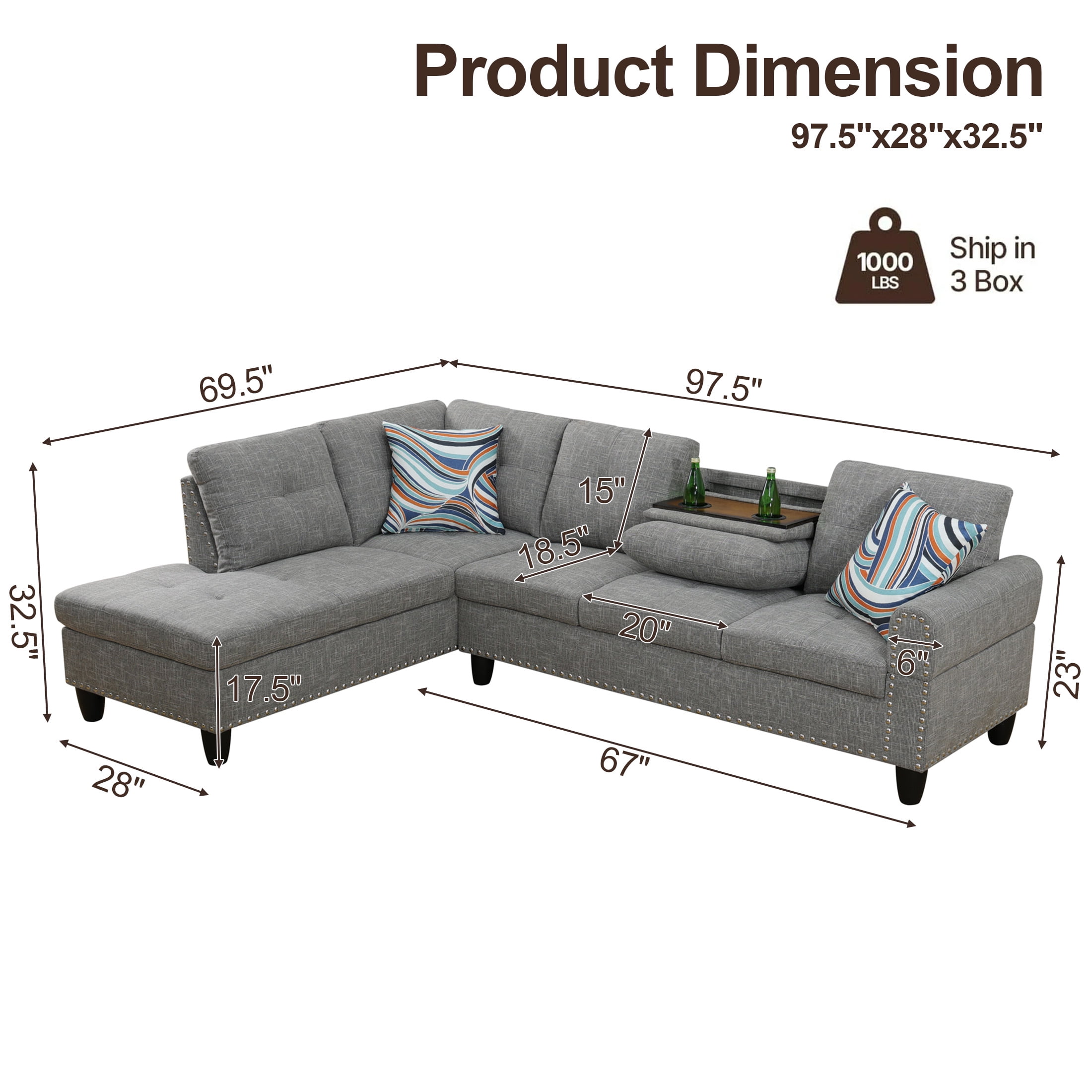 AENKYO 98" L-Shaped Sectional Sofa with Reversible Chaise and Cup Holders, Linen, Gray