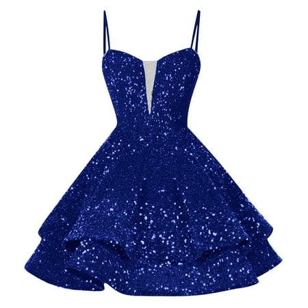 qolati Sequin Short Homecoming Dress for Teen Sparkly Prom Mini Dresses Spaghetti Straps Sleeveless Pleated Party Cocktail Gowns