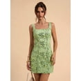 thumbnail image 4 of Green Floral Embroidered Beaded Square Neck Spaghetti Strap Mini Bodycon Dress For Women, 4 of 7