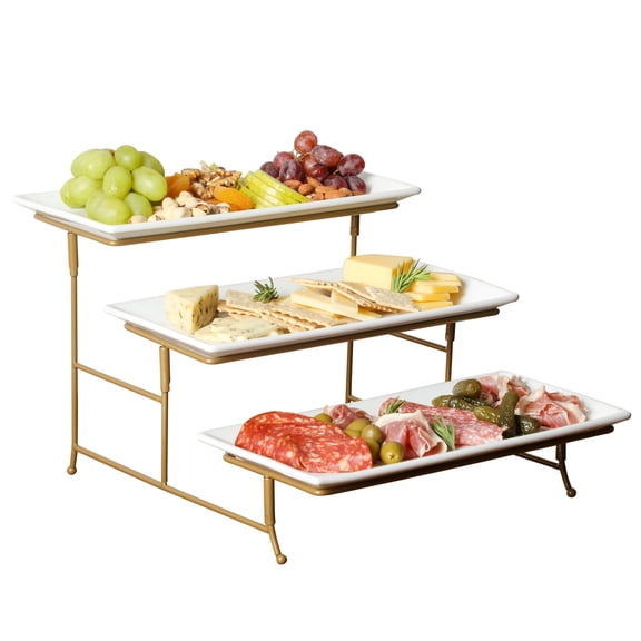 Gibson Home Gracious Dining Dinnerware, 3-Tier Rectangle Plate Serving Set with Gold Metal Stand, White