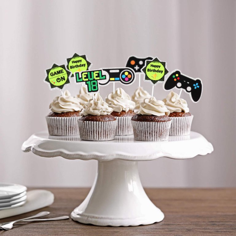 18pcs Video Game Cupcake Toppers - Gaming Level Up 10 Party Glitter  Controller Cupcake Toppers Supplies - Boy's 10th Birthday Game On Party  Dessert Picks Decorations 