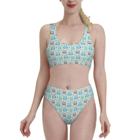 Bixox Owl Pattern Two-Piece Sports Bikini with U-Shaped Top and High-Waist Bottom - Women s Swimwear with Removable Bra Pads