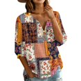thumbnail image 3 of Women's Patchwork Floral Print 3/4 Sleeve Henley Top - V-Neck Button Tunic Blouse, Loose Fit Boho Casual Summer Shirt for Vacation, Beach, Daily Wear Multicolor S, 3 of 6