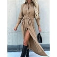 thumbnail image 6 of Women'S Midi Dress Long Sleeve Button Down Belted Flowy Shirt Dress Khaki L, 6 of 9