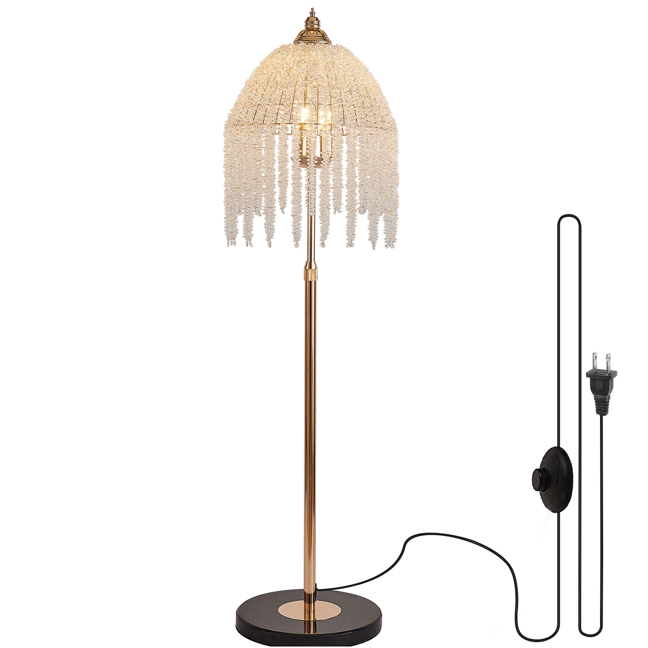 JERFIT 3-Light Crystal Floor Lamp with Waterfall Beads, Vintage Gold Iron Floor Light for Living Room, Bedroom, Office Decor, Plug-in with Foot Switch, No Bulbs Included