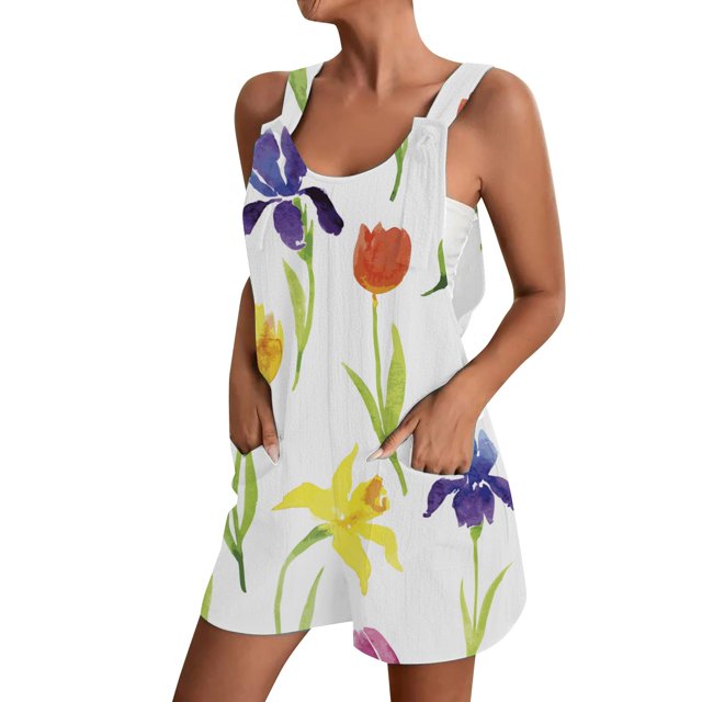 Gibobby pantalones deportivos Mono de un hombro con cordones y bolsillos con estampado de flores de talla grande para mujer(Amarillo, S)