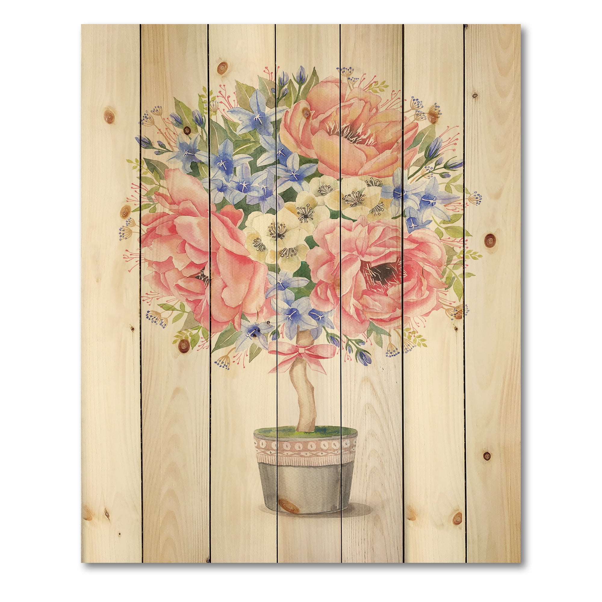Designart 'A Bow With Flower Tree In A Pot' Farmhouse Print on Natural Pine Wood