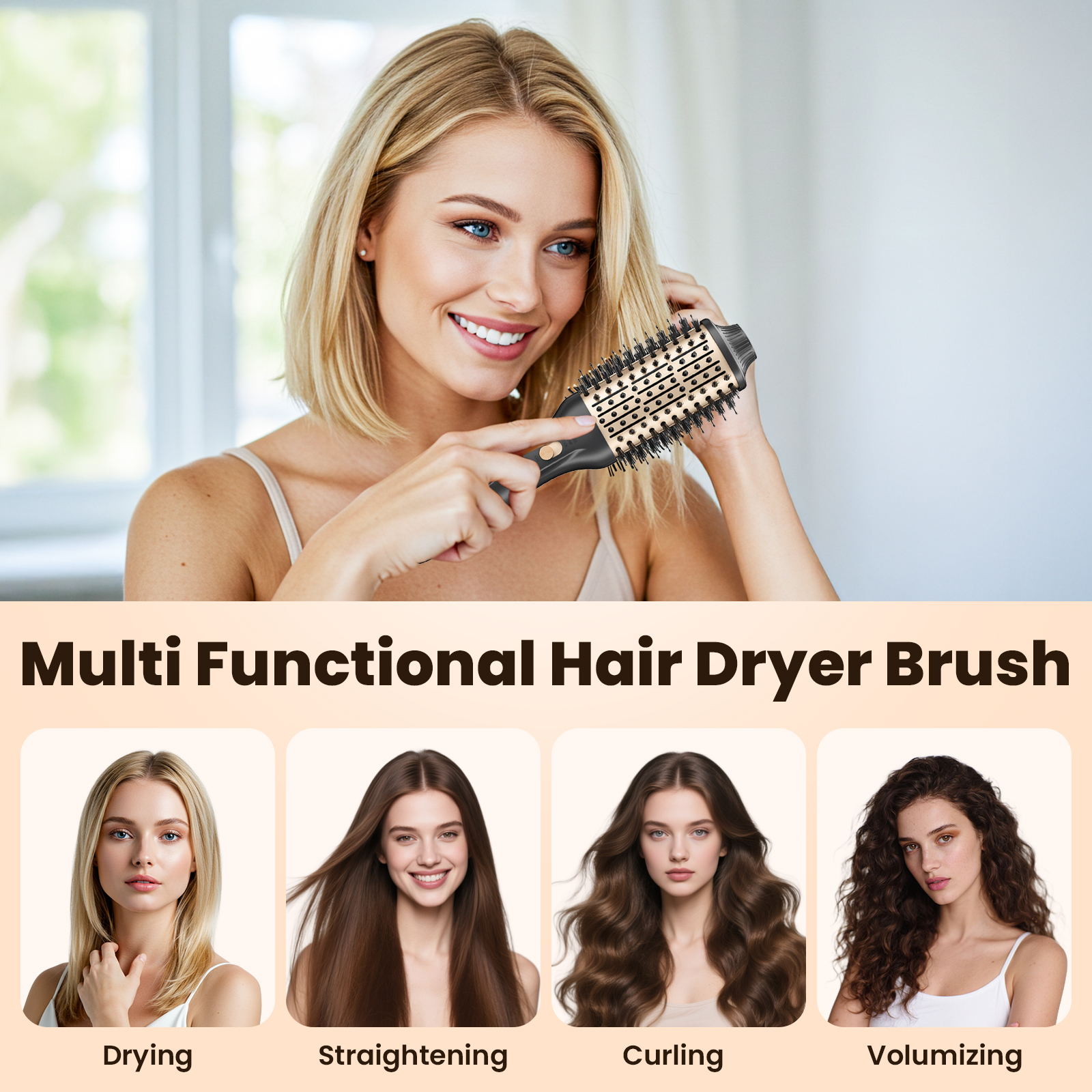 Hair Dryer Brush, Blow Dryer with Negative Ion Anti-Frizz Ceramic Titanium Barrel, Easy & Fast Salon-Style Blowouts, Black Gold