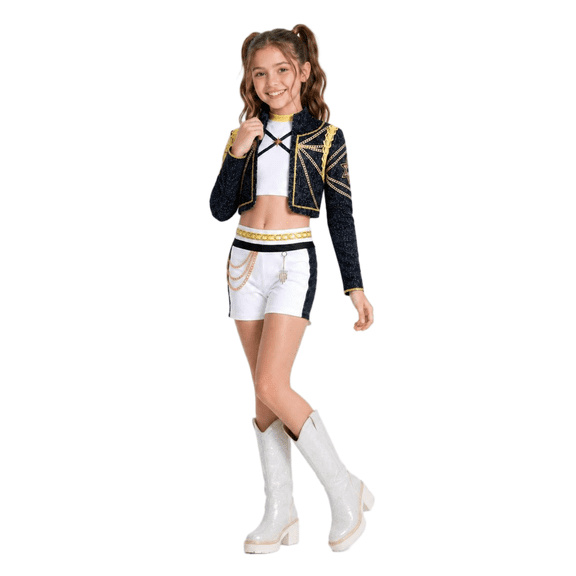 Pop Star Idol Cosplay Costume Set Sparkly Crop Top Jacket and Shorts Outfit for Halloween Stage Performance