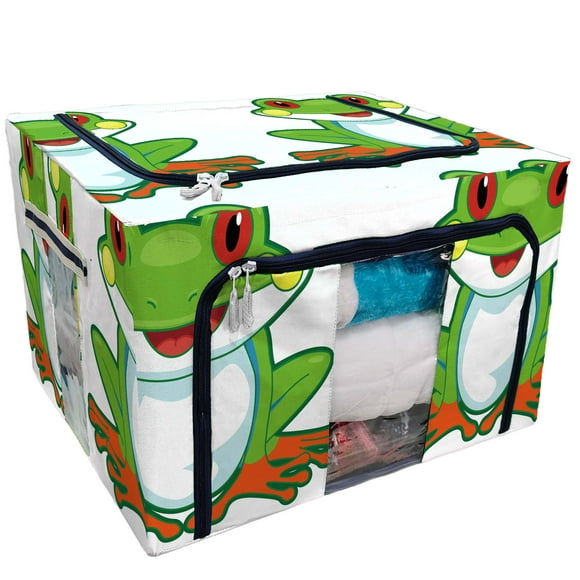 EREHome Cutesy Tree Frog Flashing Wide Smile Storage Bag Clear Window Storage Bins Boxes Large Capacity Foldable Stackable Organizer With Steel Metal Frame For Bedding,Clothes,Closets, Bedrooms