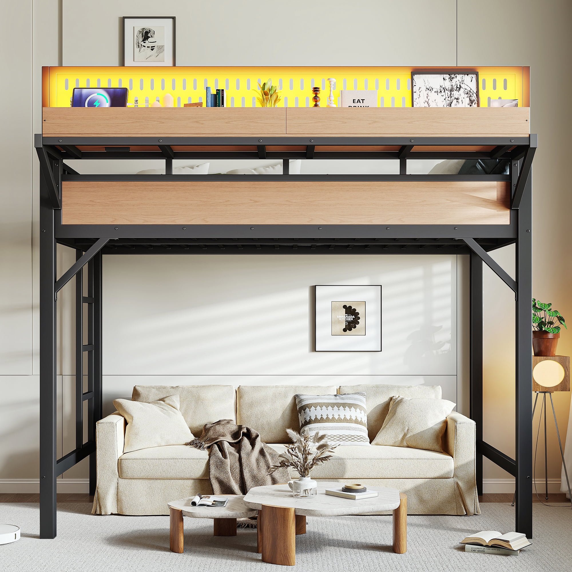 Mintazer Twin XL Size Loft Bed with LED Lights & Charging Station, Metal Loft Bed with Storage Shelves and Pegboard, Black & Natural