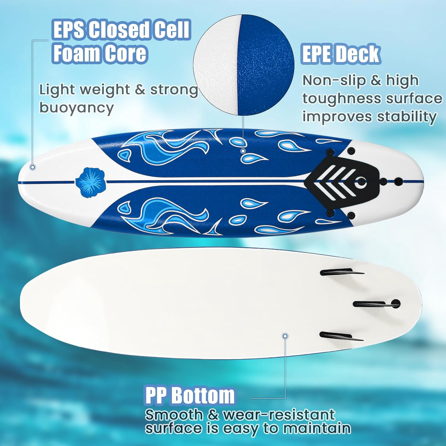 6' Surfboard, Surfing Board with 3 Removable Fins, Safety Leash, EPS Core & EPE Deck, Lightweight Surf Board for Teenagers, Adults, Beginners