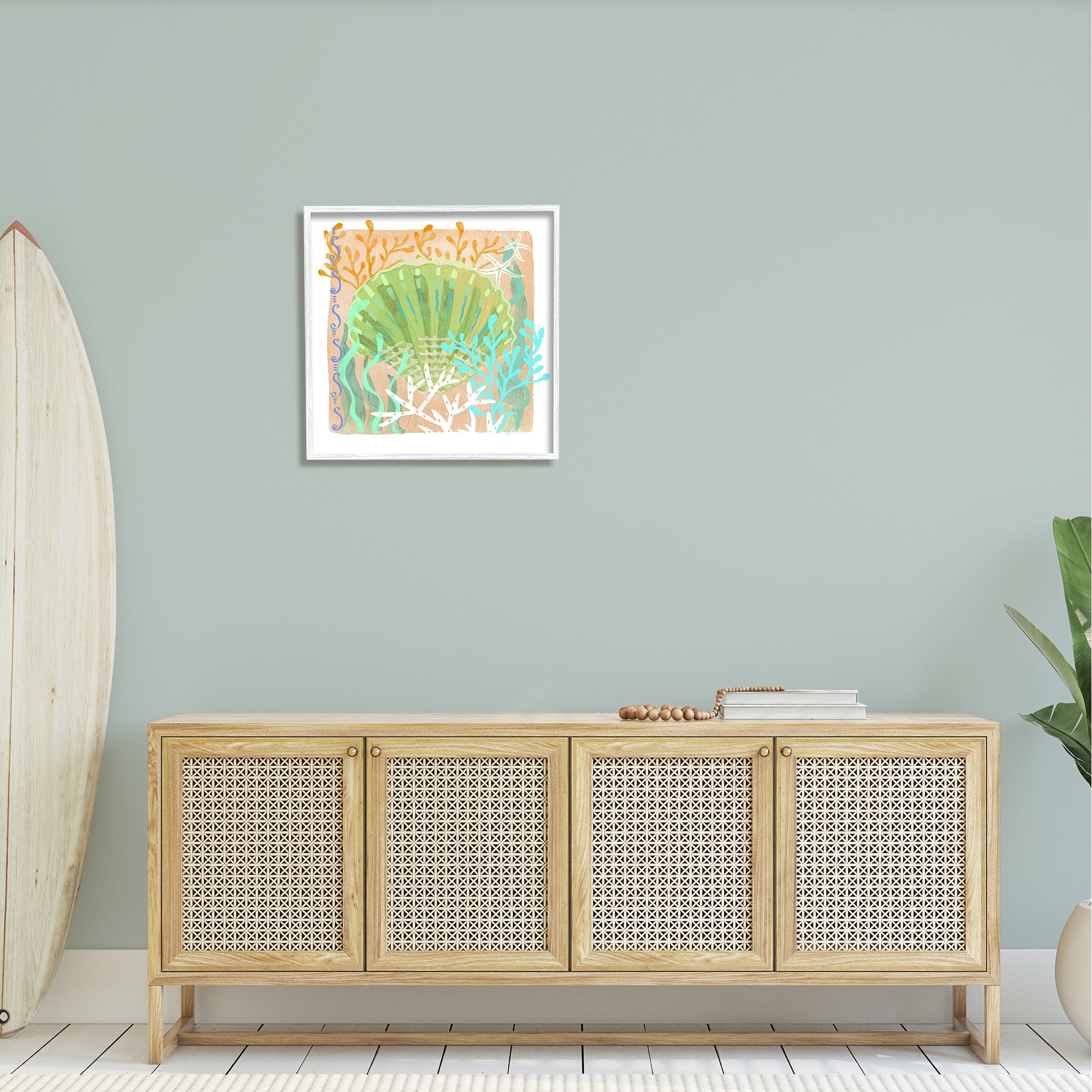 Stupell Industries Vivid Coral Overlay Beach Seashell Watercolor Pattern Graphic Art White Framed Art Print Wall Art, Design by unknown