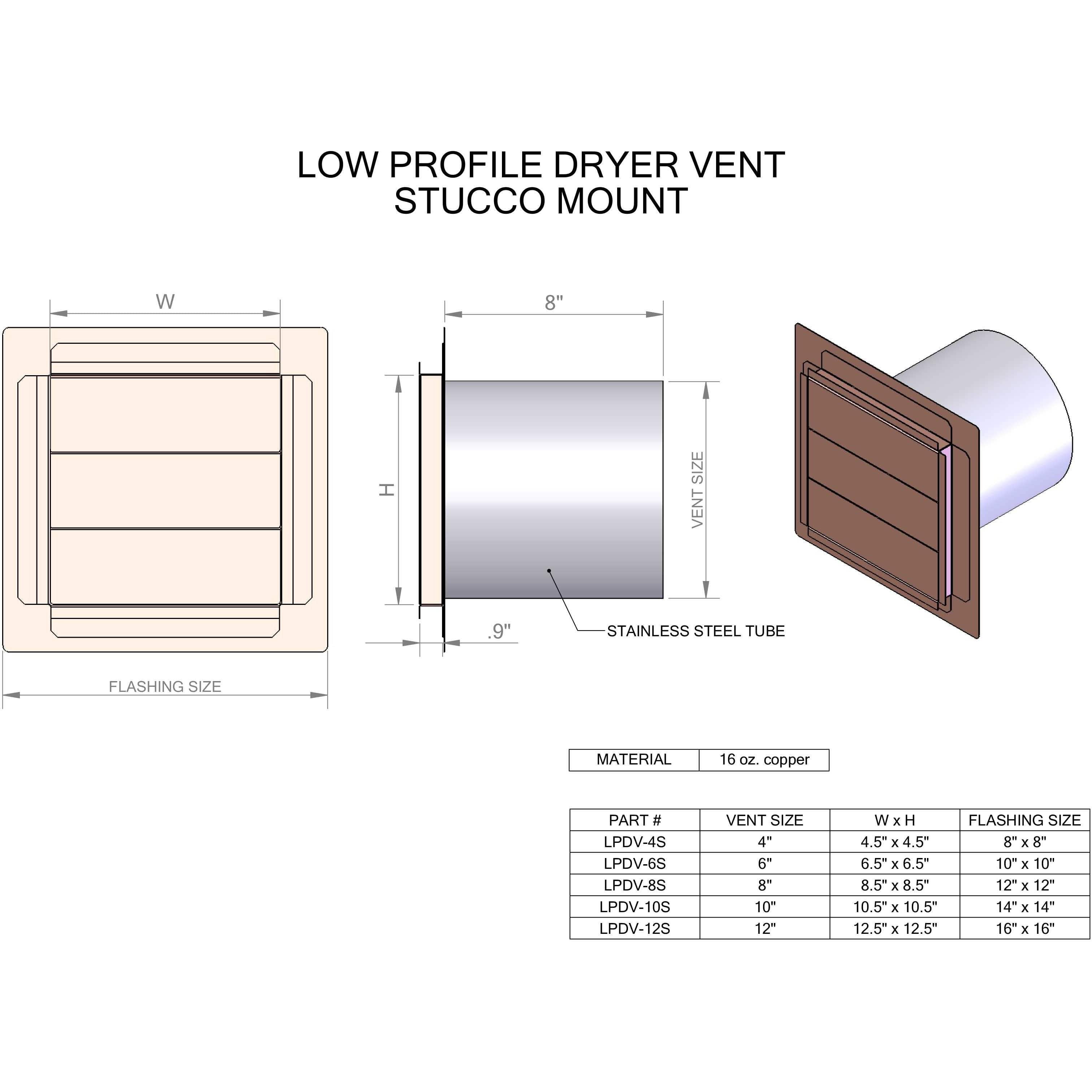 Hammered Copper Low Profile Louvered Dryer Vent - Exhaust Vent (4"-12") Duct Size: 4", Mount Type: Flush