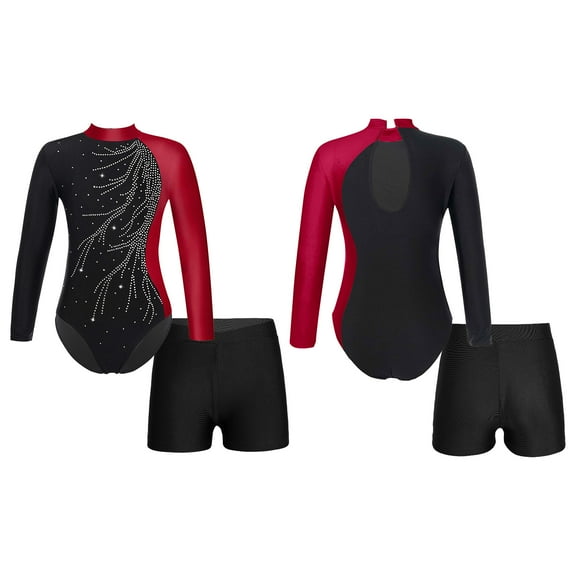 Aislor Kids Girls Gym Dance Unitard Biketard 2Pcs Tracksuit Long Sleeve Leotards with Shorts 6-14 Burgundy 10