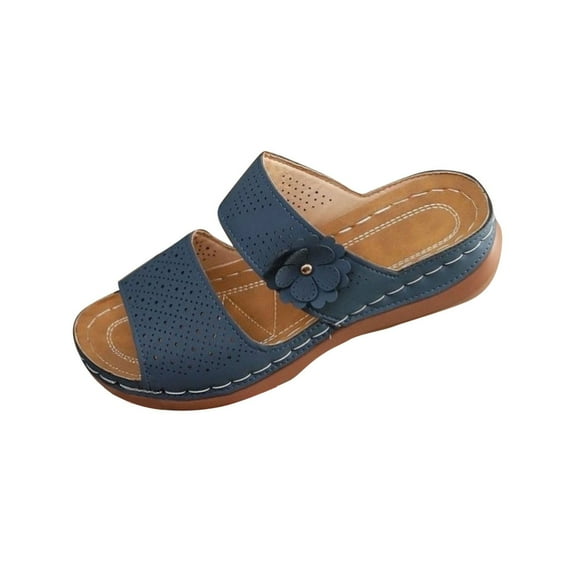 LOVZFMLL Wedge Sandals for Women 2025 Two Straps Slip On Open Toe Comfort Slides Sandals Casual Summer Beach Vacation Outdoor Walking Shoes Blue 5.5