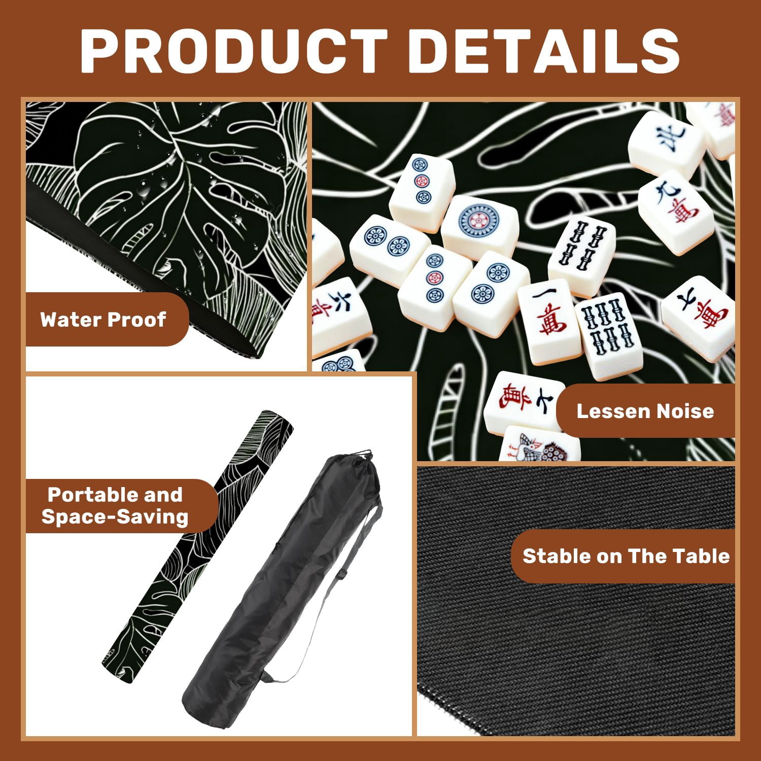 Mahjong Mat 31.5" x 31.5" white graphic tropical leaves seamless Non-Slip Noise Reduction American Mahjong Tiles Table Cover for Dominoes Poker Card Board Games Gift