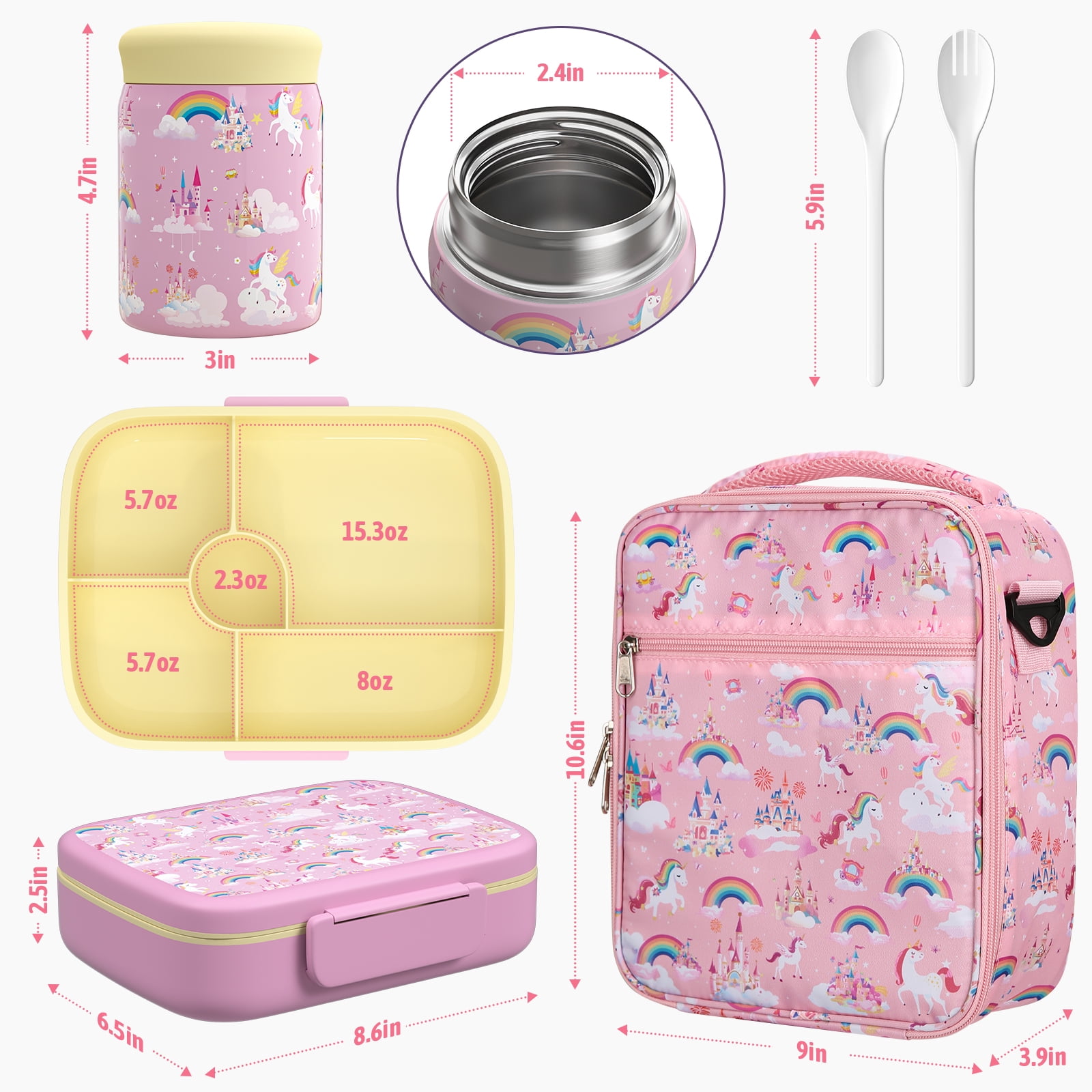 TeSabMi Bento Lunch Box for Kids Insulated Bento Box with Leak Proof Thermos Food Jar Pink Unicorn
