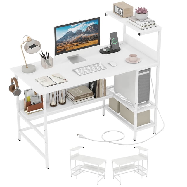 Costway 48" Computer Desk with Power Outlets, Storage Shelves, Headphone Hook for Gaming White