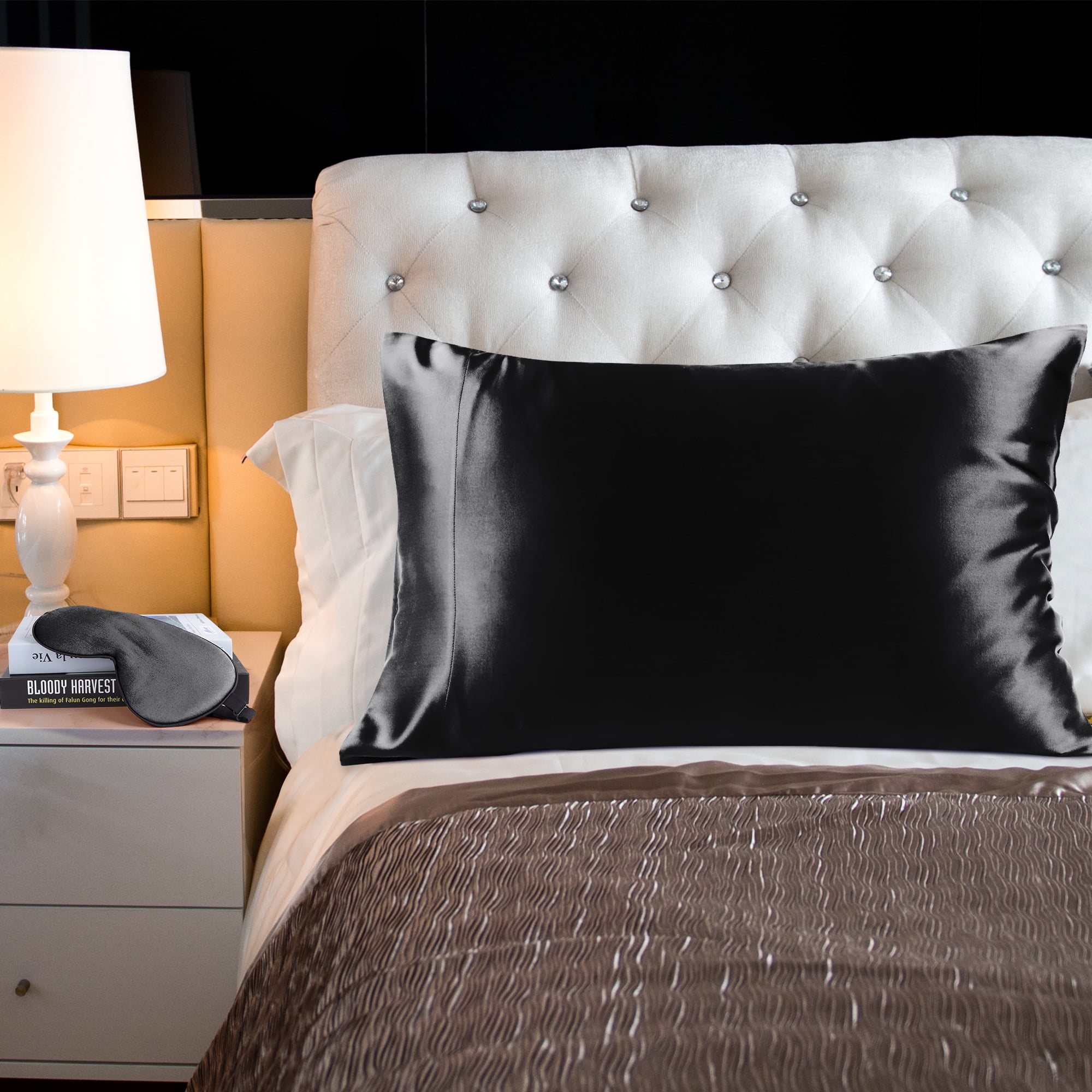 Unique Bargains 19 Momme Silk Pillowcase Eye Cover Set, Standard, Black